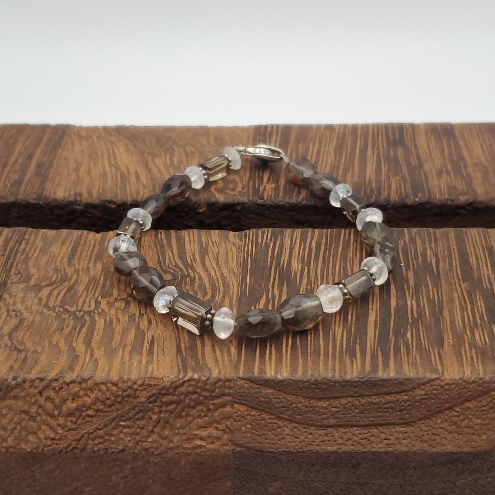 7 Inch 925 Sterling Silver Smoky Quartz And Moonstones Bracelet